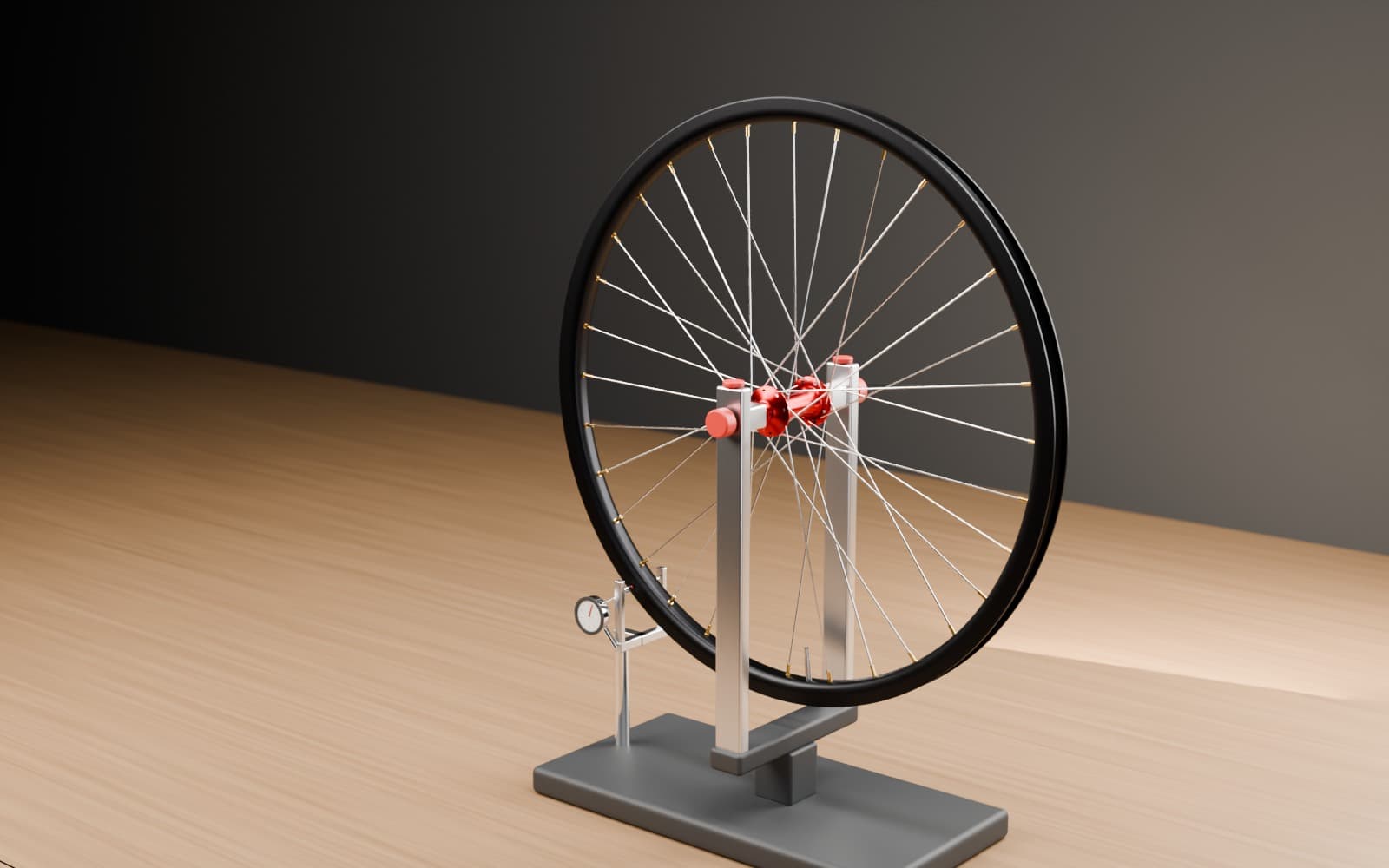 Roue alu avec moyeu rouge, rayons acier et écrous or